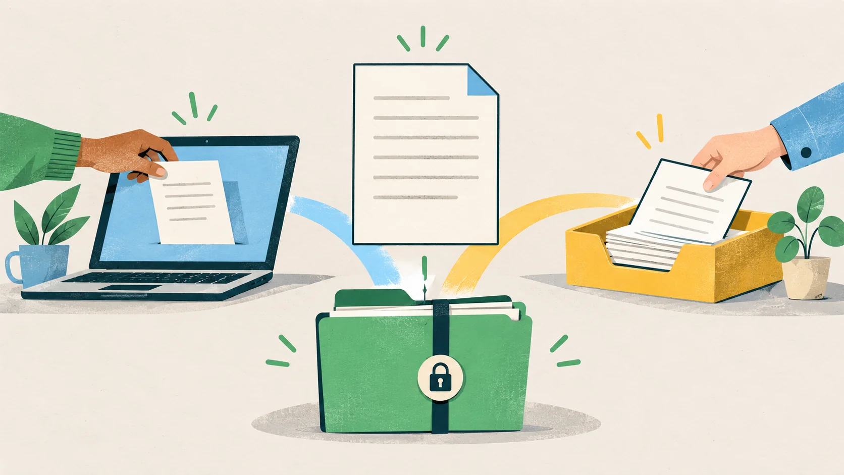Editorial illustration of a rental application reaching a secure folder through digital and direct submission options.