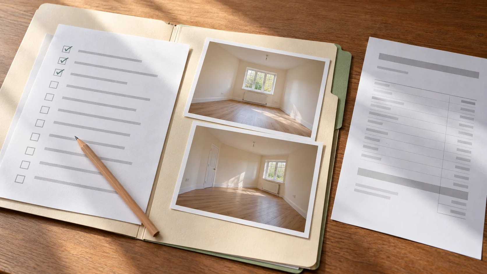 Open folder with a checklist, pencil, two empty-room photographs and an itemised sheet arranged for a property-management evidence review.