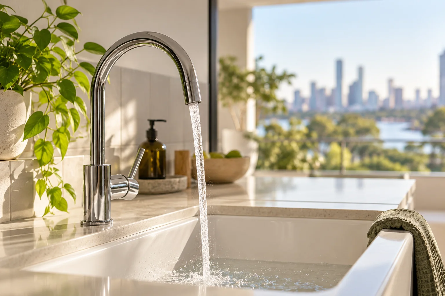 Chrome kitchen tap and white sink in a bright home, with greenery and a softly blurred Brisbane skyline beyond the window.