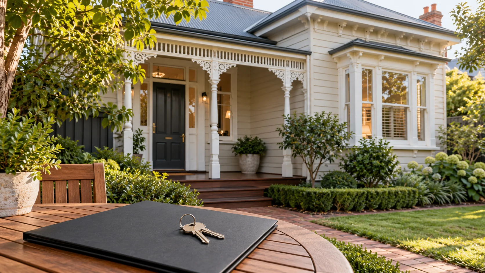 House keys on a plain folder in front of a Victorian-style Melbourne home.