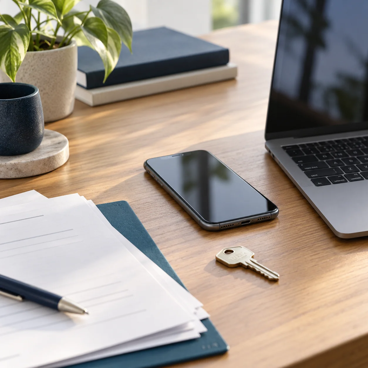 Phone, laptop and house key beside neatly arranged documents on an agency desk.