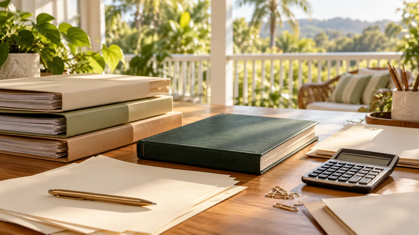 Organised document folders, a closed ledger and a calculator on a sunlit desk.