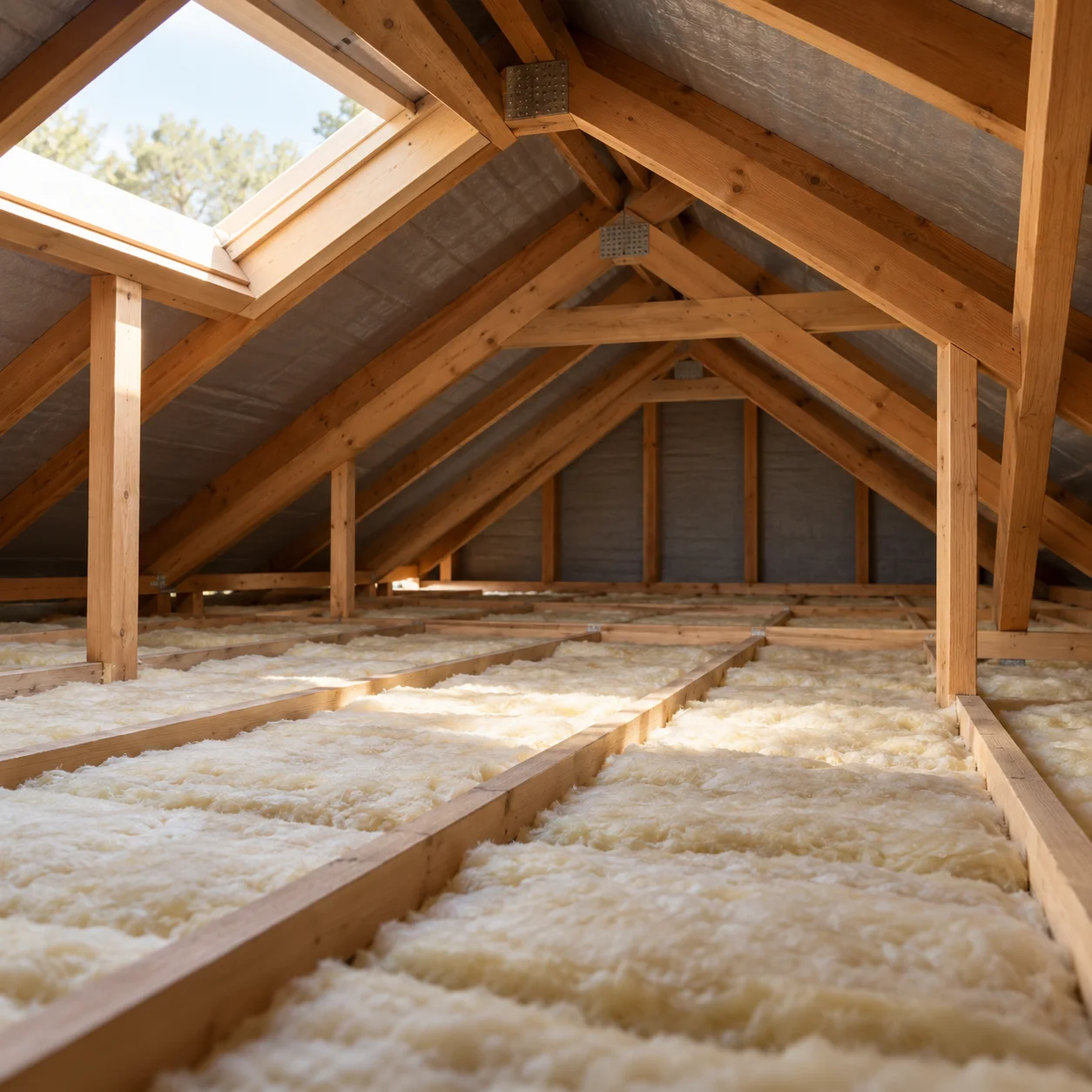 Illustration of pale ceiling insulation between timber joists in a sunlit roof space.